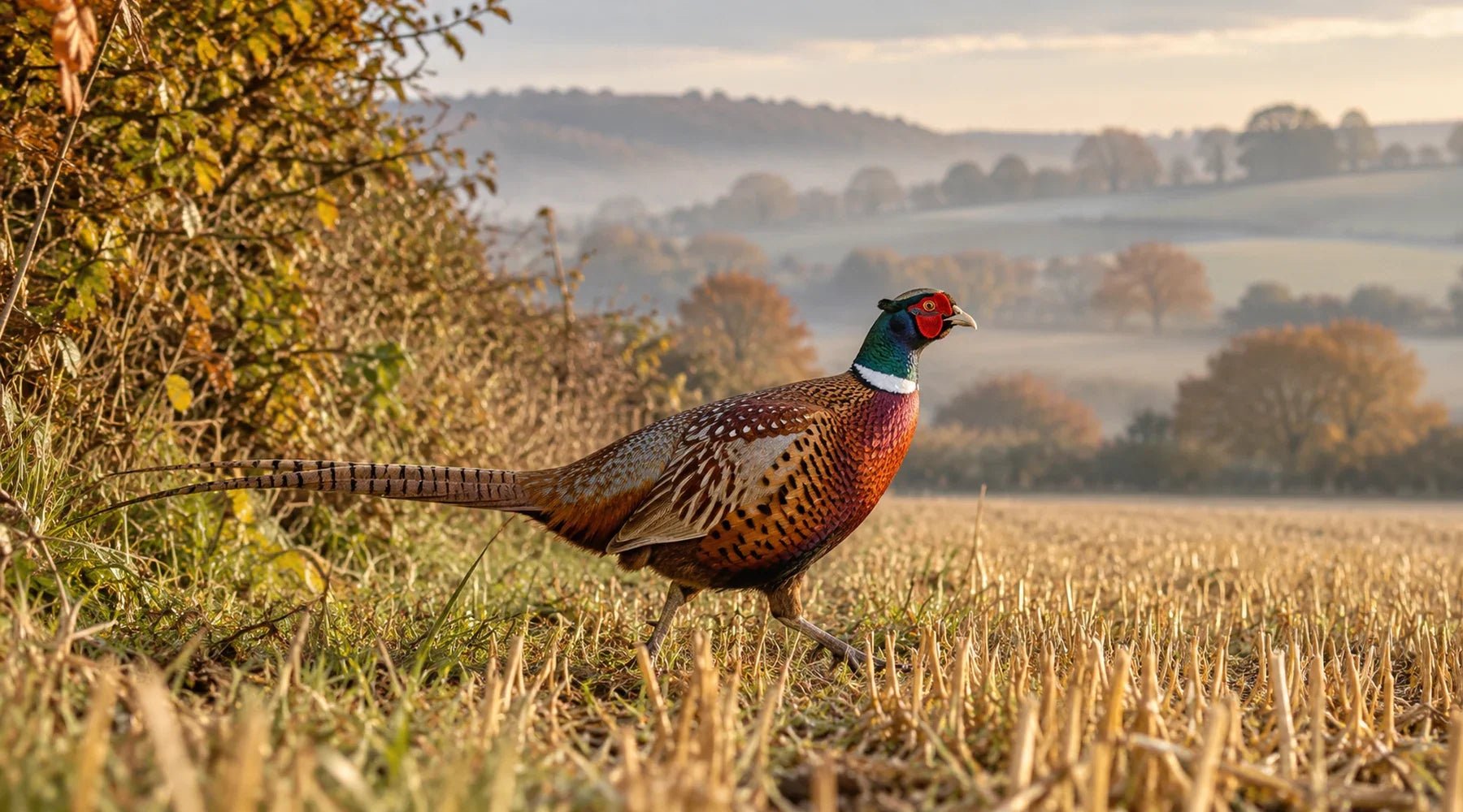 Male ring-necked pheasant walking beside an autumn stubble field and hedgerow.