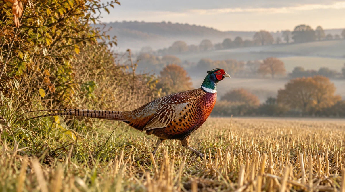 Male ring-necked pheasant walking beside an autumn stubble field and hedgerow.