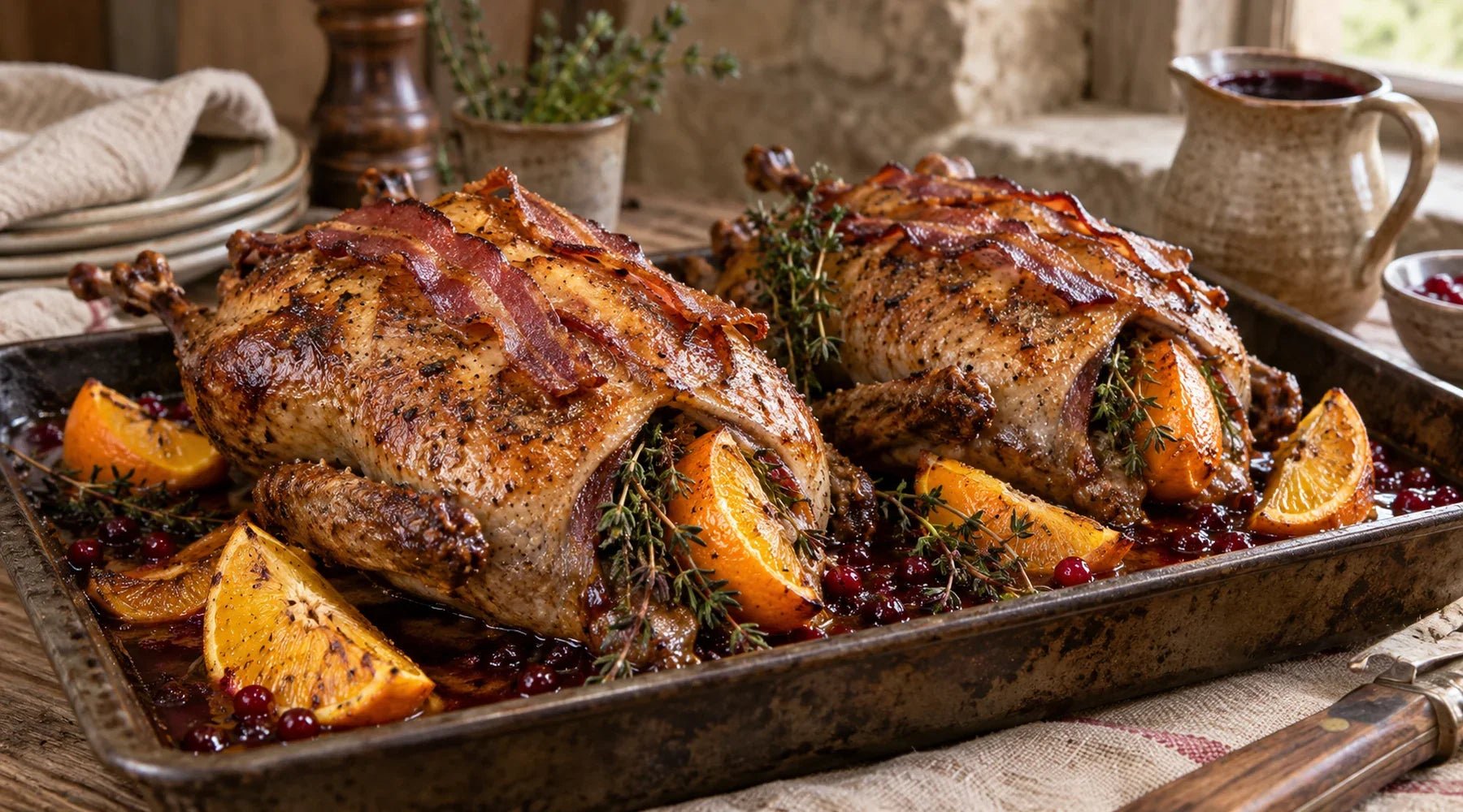 Roast wild duck with bacon, orange wedges, thyme and rich gravy.