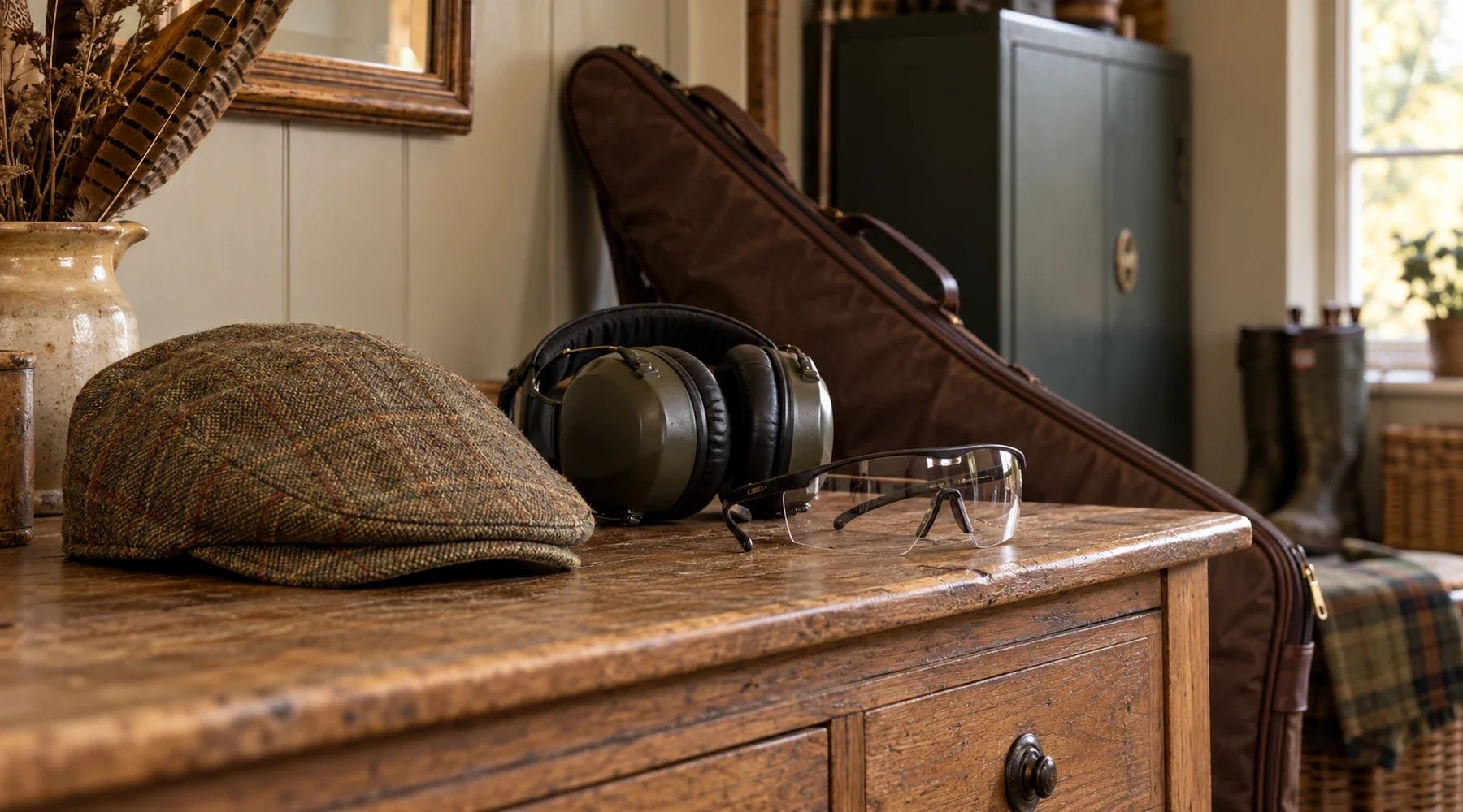 Tweed cap, ear defenders and shooting glasses on a wooden sideboard in a country boot room.