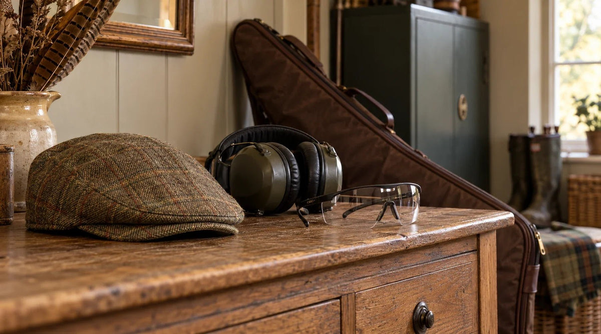 Tweed cap, ear defenders and shooting glasses on a wooden sideboard in a country boot room.