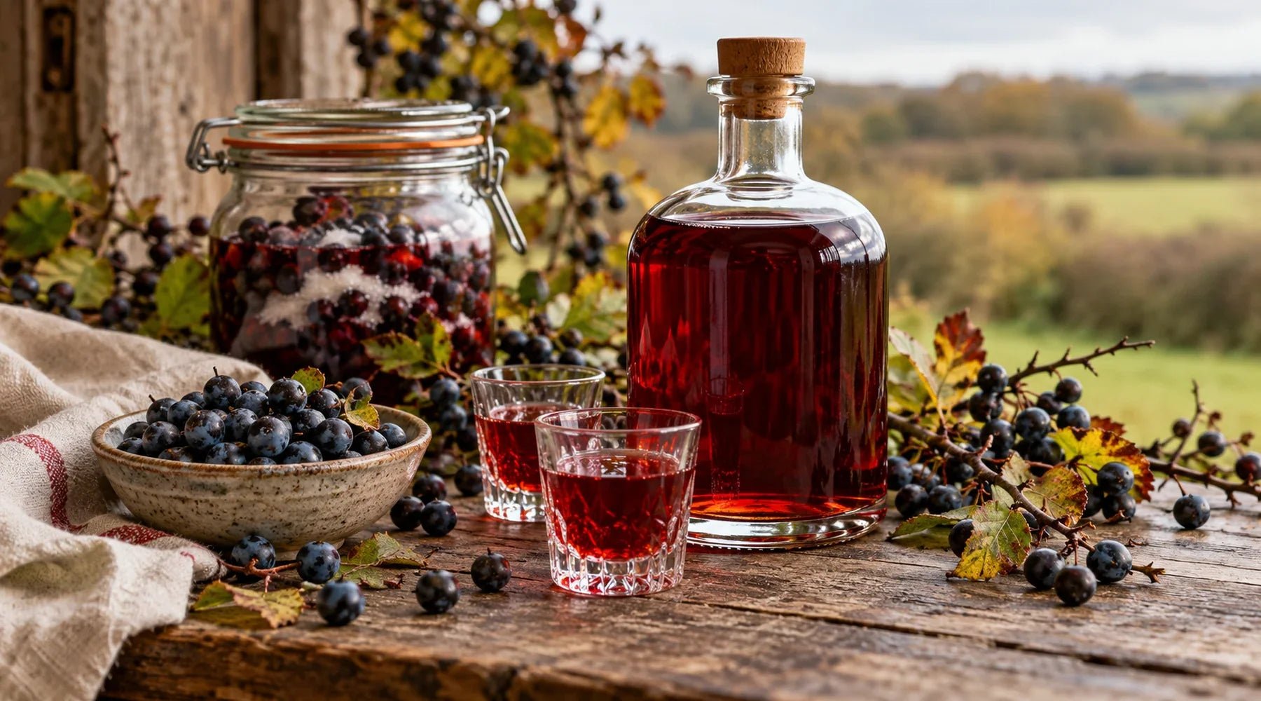 Ruby-red homemade sloe gin in an unlabelled bottle and a small glass beside dark sloes.