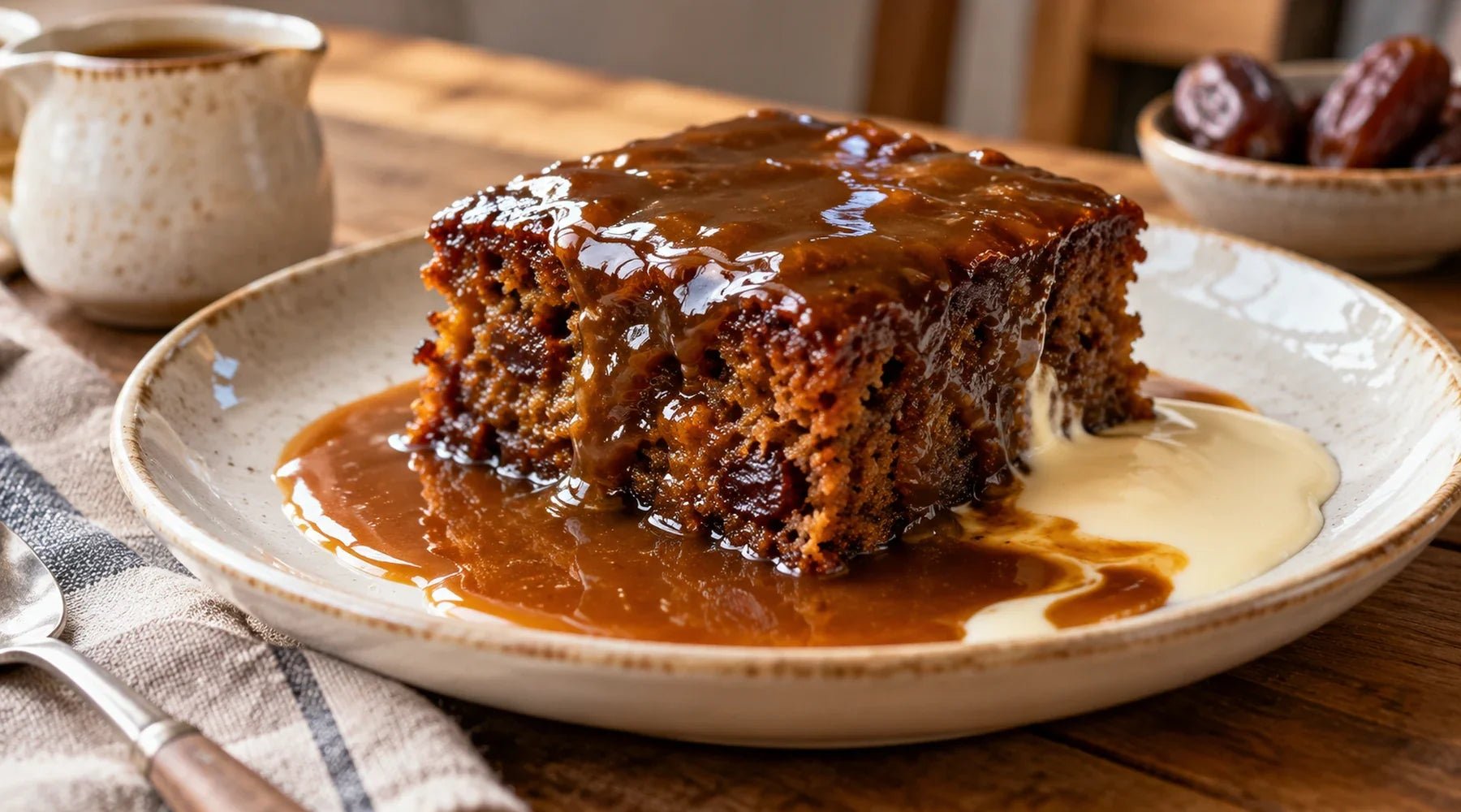Moist date sponge sticky toffee pudding covered with glossy toffee sauce and cream.