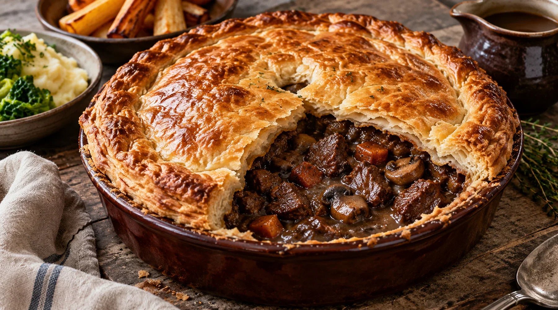 Golden puff pastry venison and ale pie opened to reveal meat and mushroom gravy.