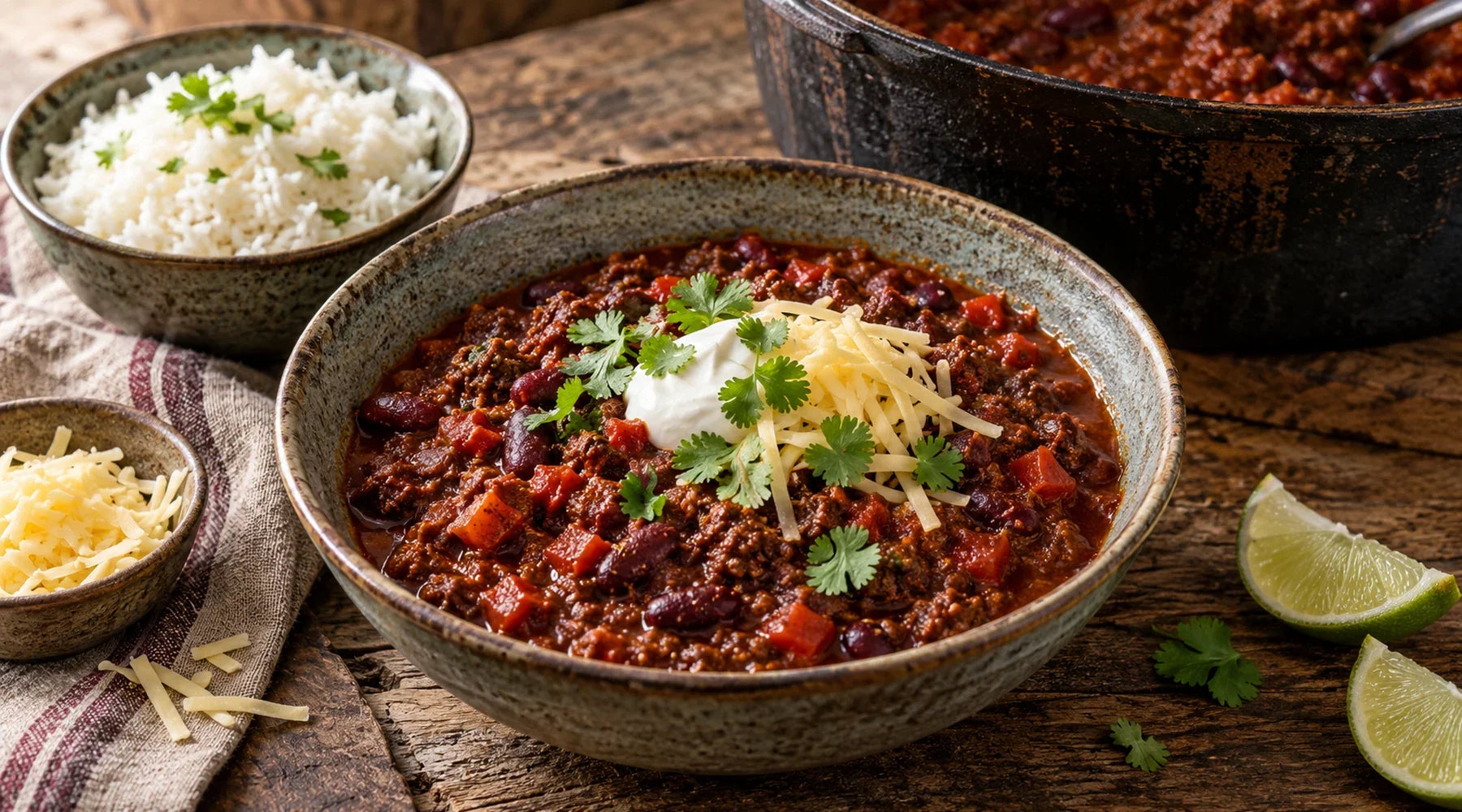 Rich venison mince chilli with kidney beans, red peppers, soured cream, cheddar and coriander, with rice and lime.