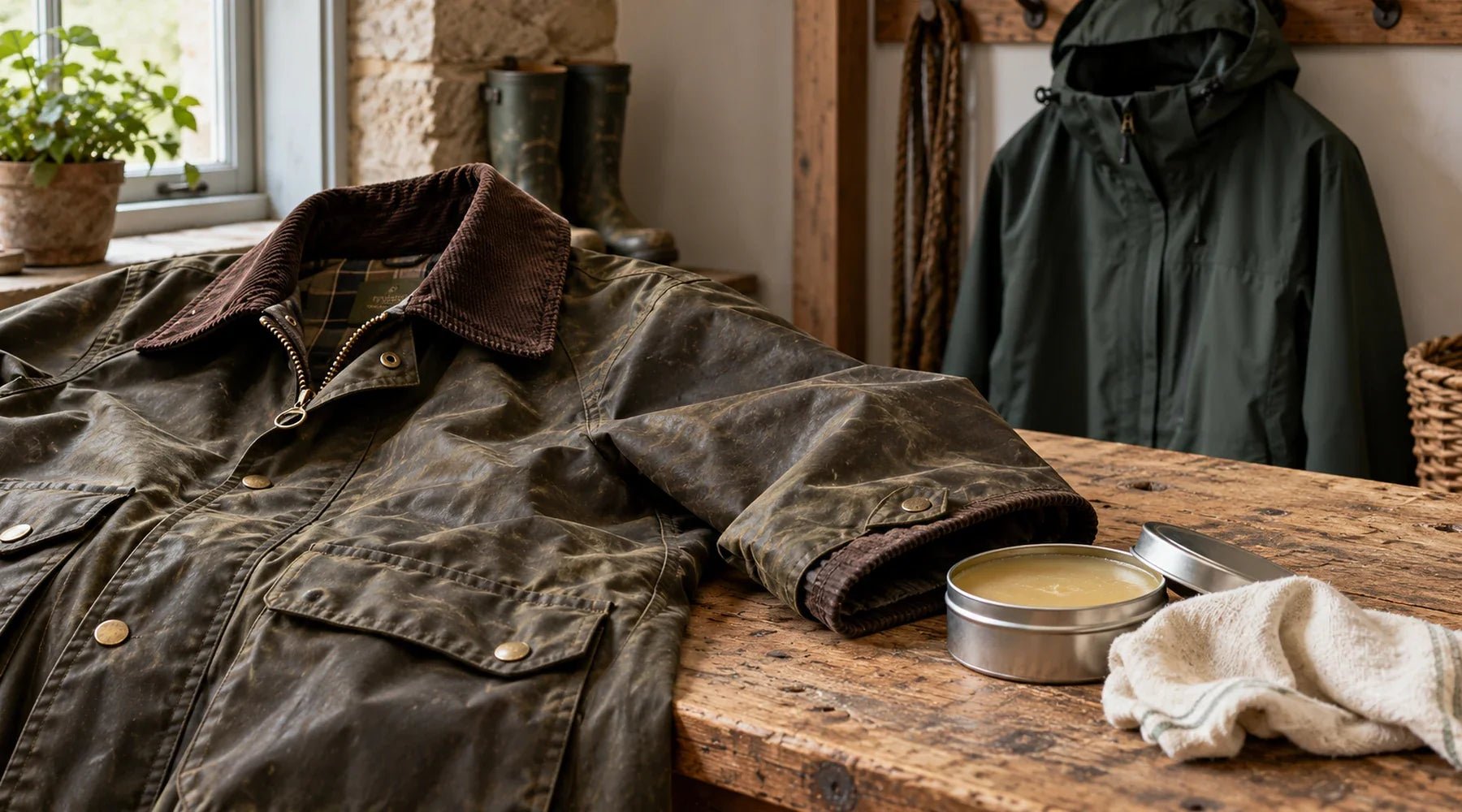 Olive wax jacket on a wooden table beside wax dressing and a cloth, with a waterproof jacket hanging behind.