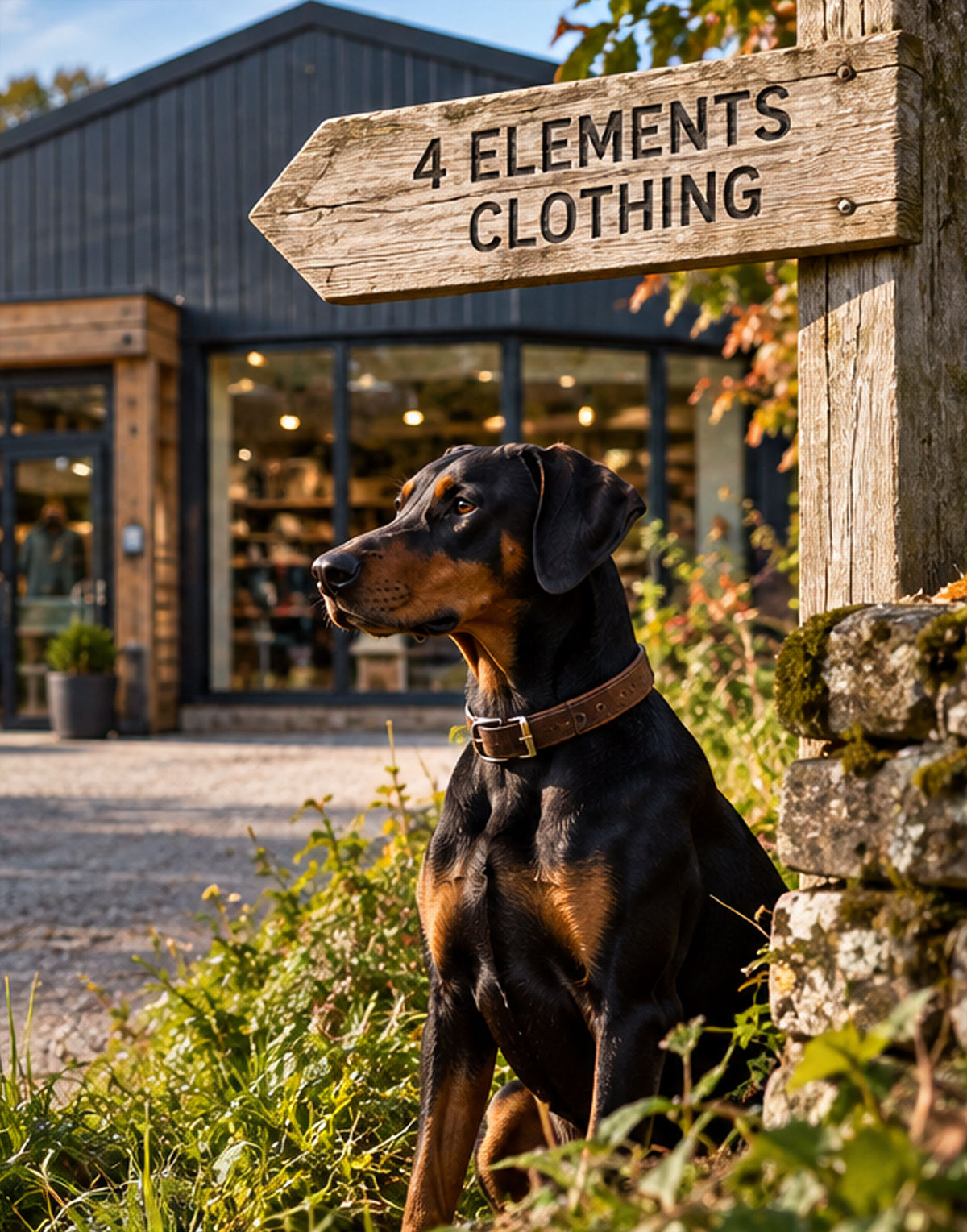 A black and tan dog wearing a brown collar sits outdoors beside a wooden sign that reads '4 ELEMENTS CLOTHING,' with a storefront in the background.