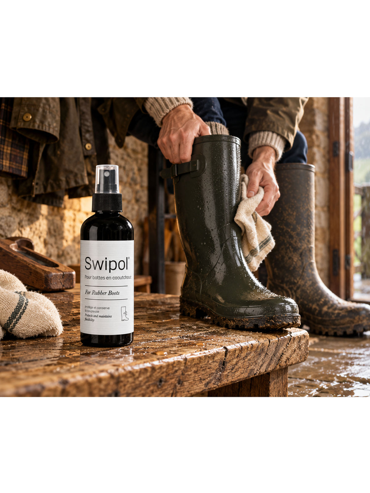 Aigle Swipol 2 care spray bottle with a rubber wellington boot being cleaned