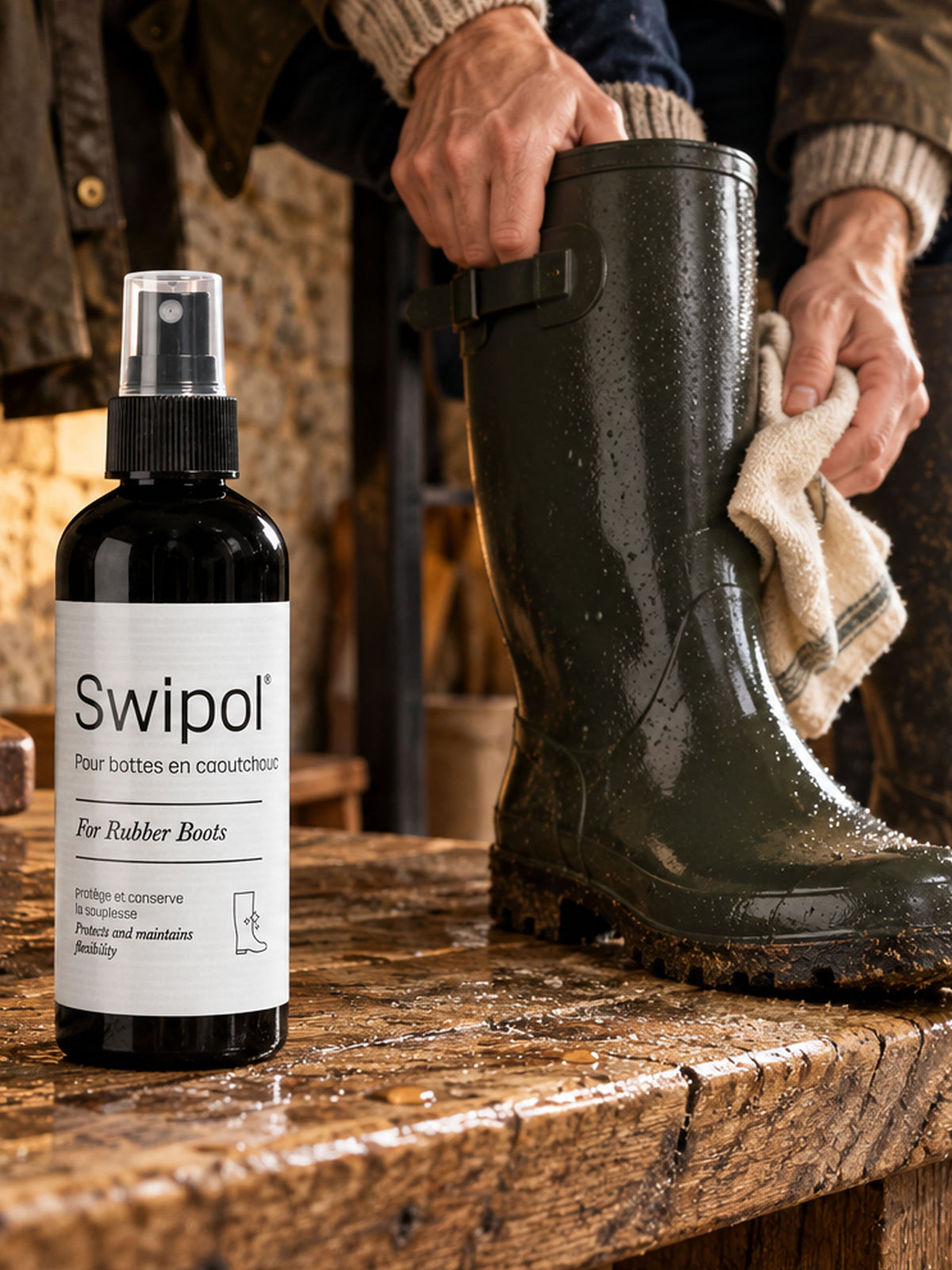 Aigle Swipol 2 rubber boot care spray 200ml being used to protect green wellington boots