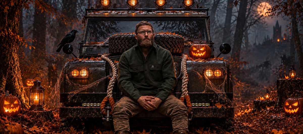 A bearded man in a dark green jacket and brown pants sits centered in front of a black off-road vehicle decorated for Halloween in a forest. The scene includes glowing jack-o'-lanterns, lanterns, cobwebs, a crow on the vehicle, and a full moon in the background.