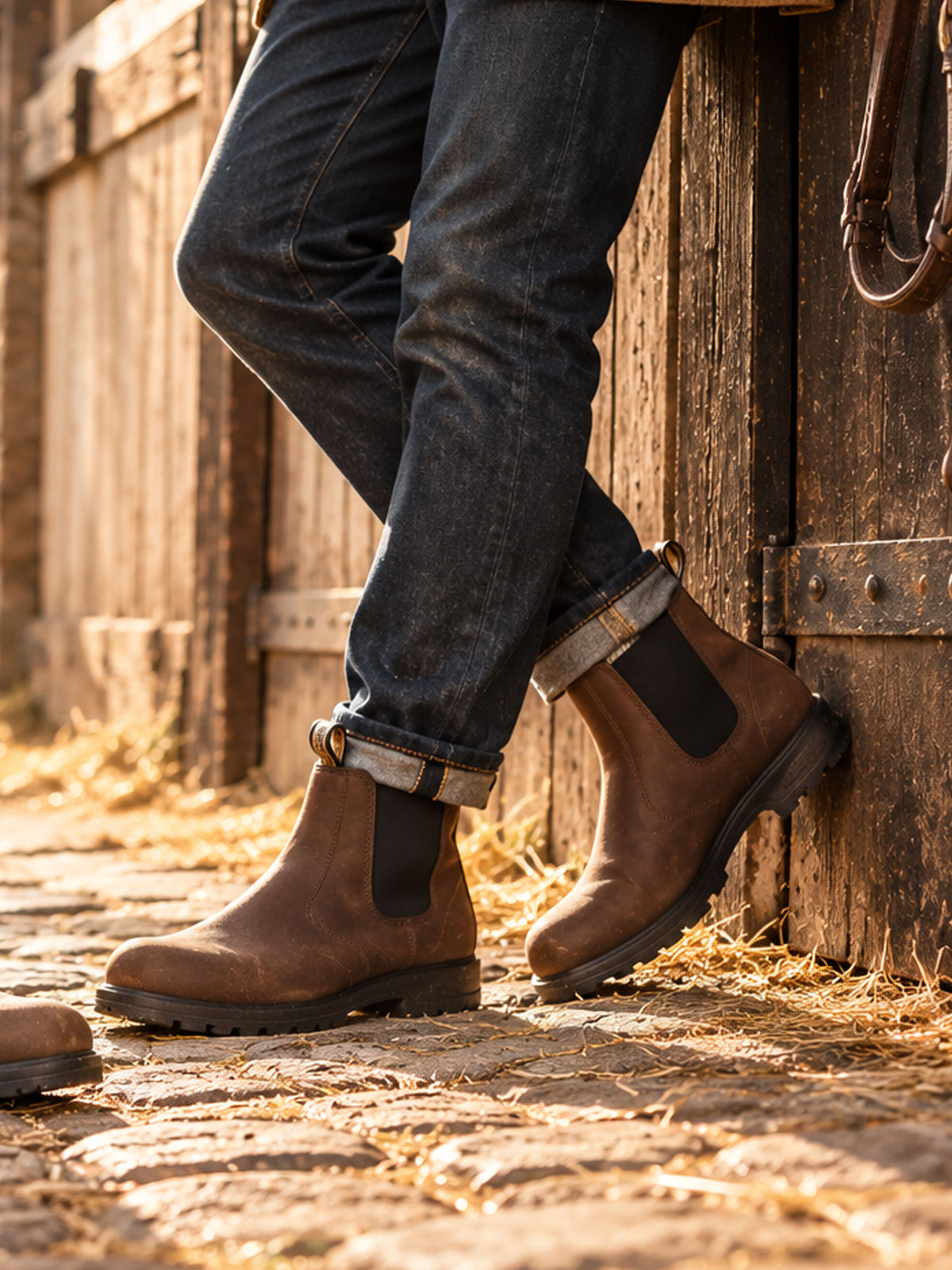 Blundstone 1609 antique brown Chelsea boots worn by a barn door