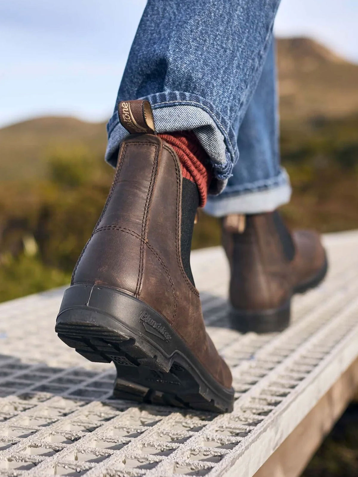 Blundstone 2340 brown oiled nubuck Chelsea boots worn on a countryside walk