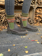 Blundstone 519 brown leather Chelsea boots with olive elastic worn with patterned socks