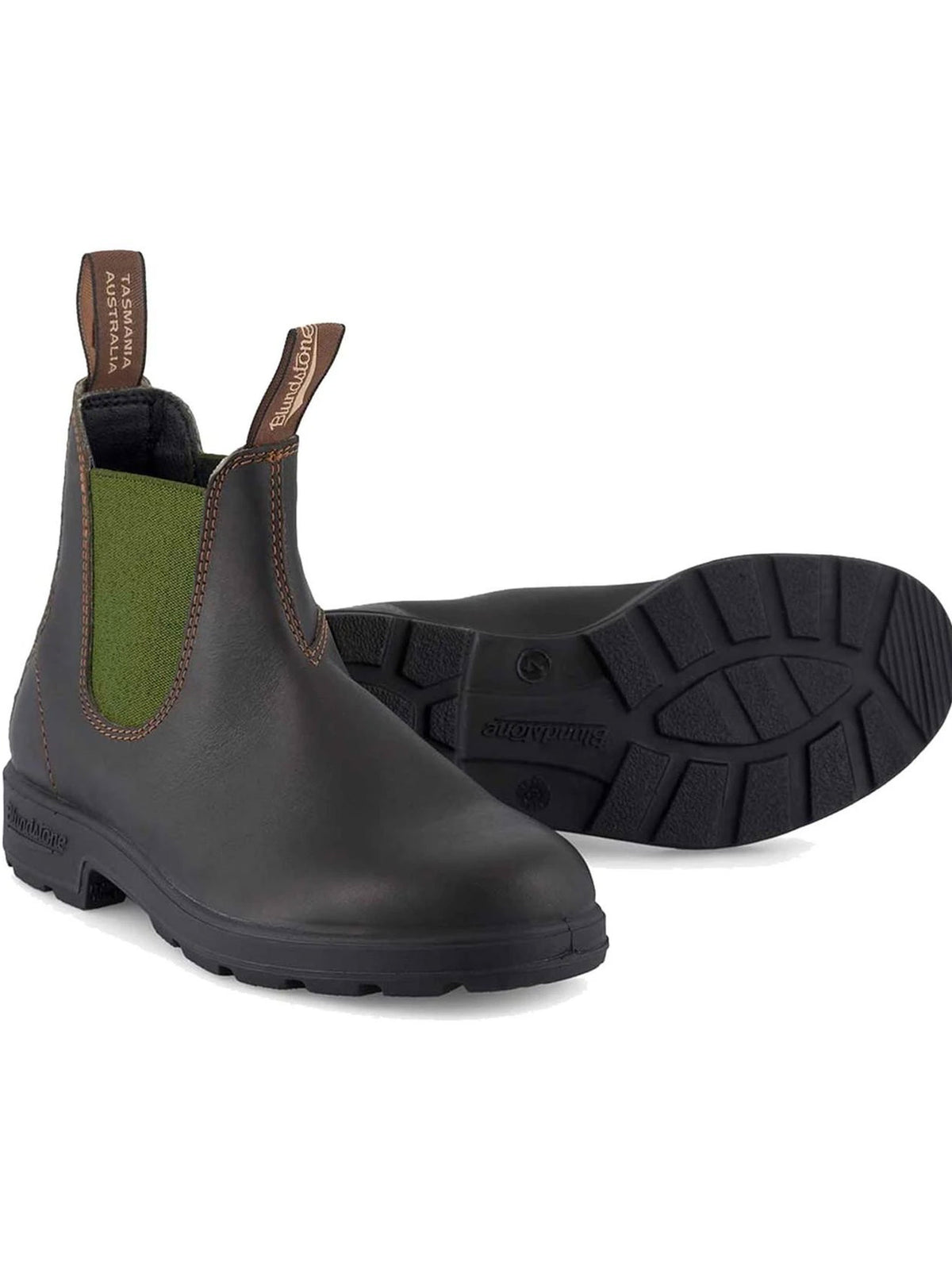 Blundstone 519 Chelsea boots in brown leather with olive elastic - side and sole view