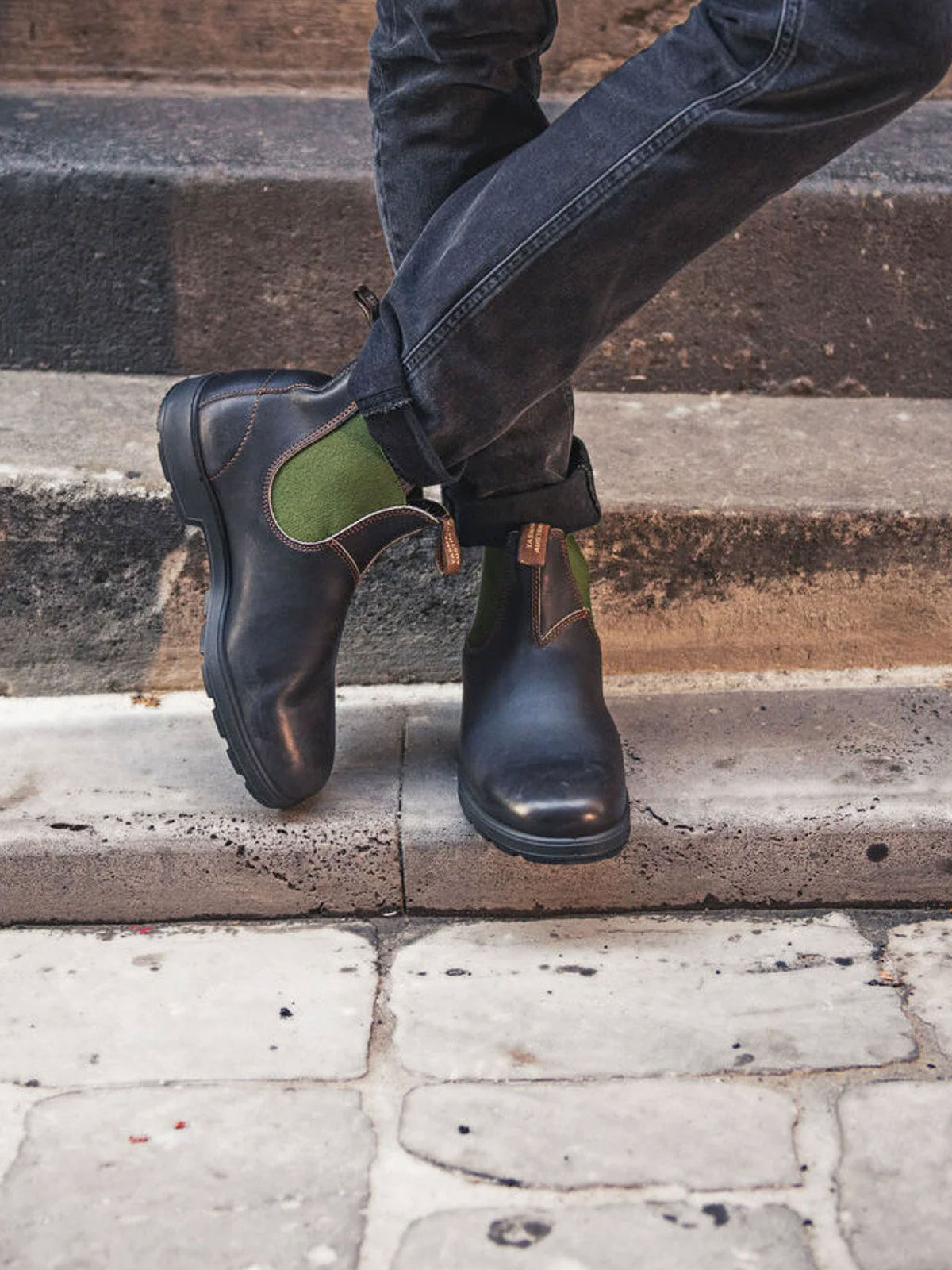 Blundstone 519 brown Chelsea boots with olive elastic side panel worn on steps