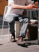 Blundstone 550 walnut brown Chelsea boots worn with grey trousers