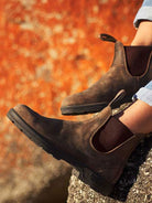 Blundstone 585 rustic brown waxed nubuck Chelsea boots worn outdoors