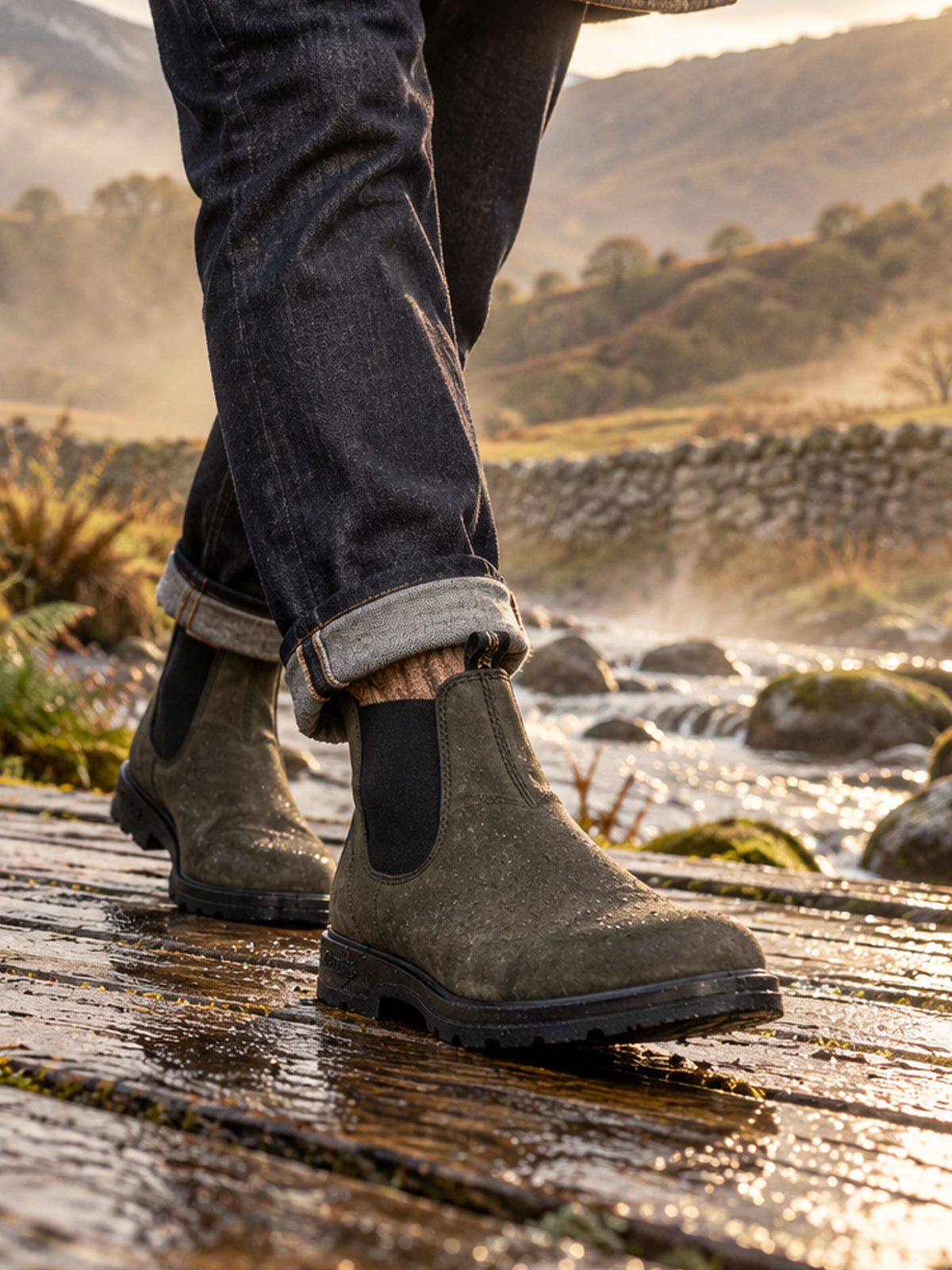 Blundstone 587 rustic black Chelsea boots worn on a wet country path
