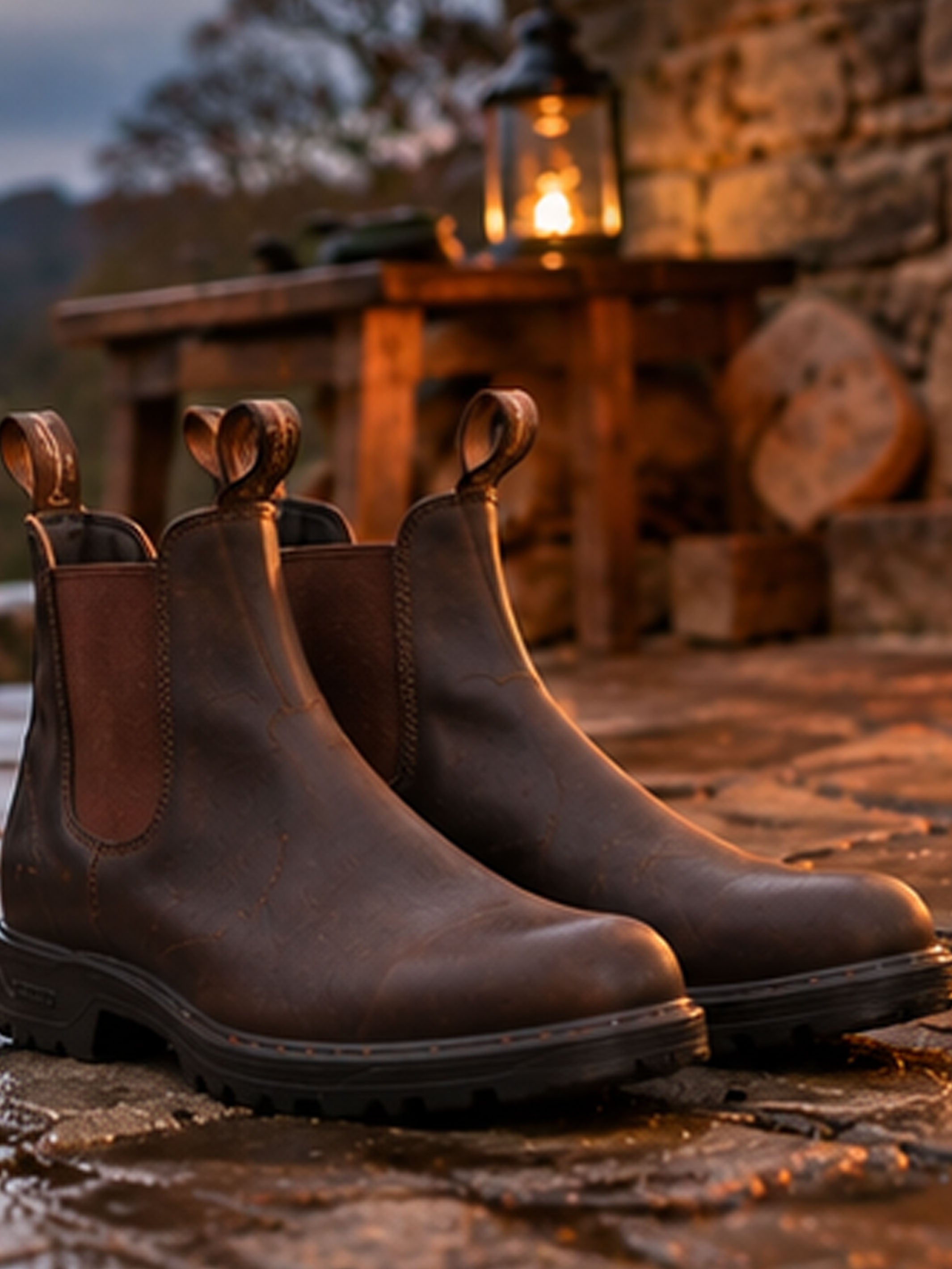 Pair of brown Blundstone Chelsea boots on a stone floor beside a lantern at dusk