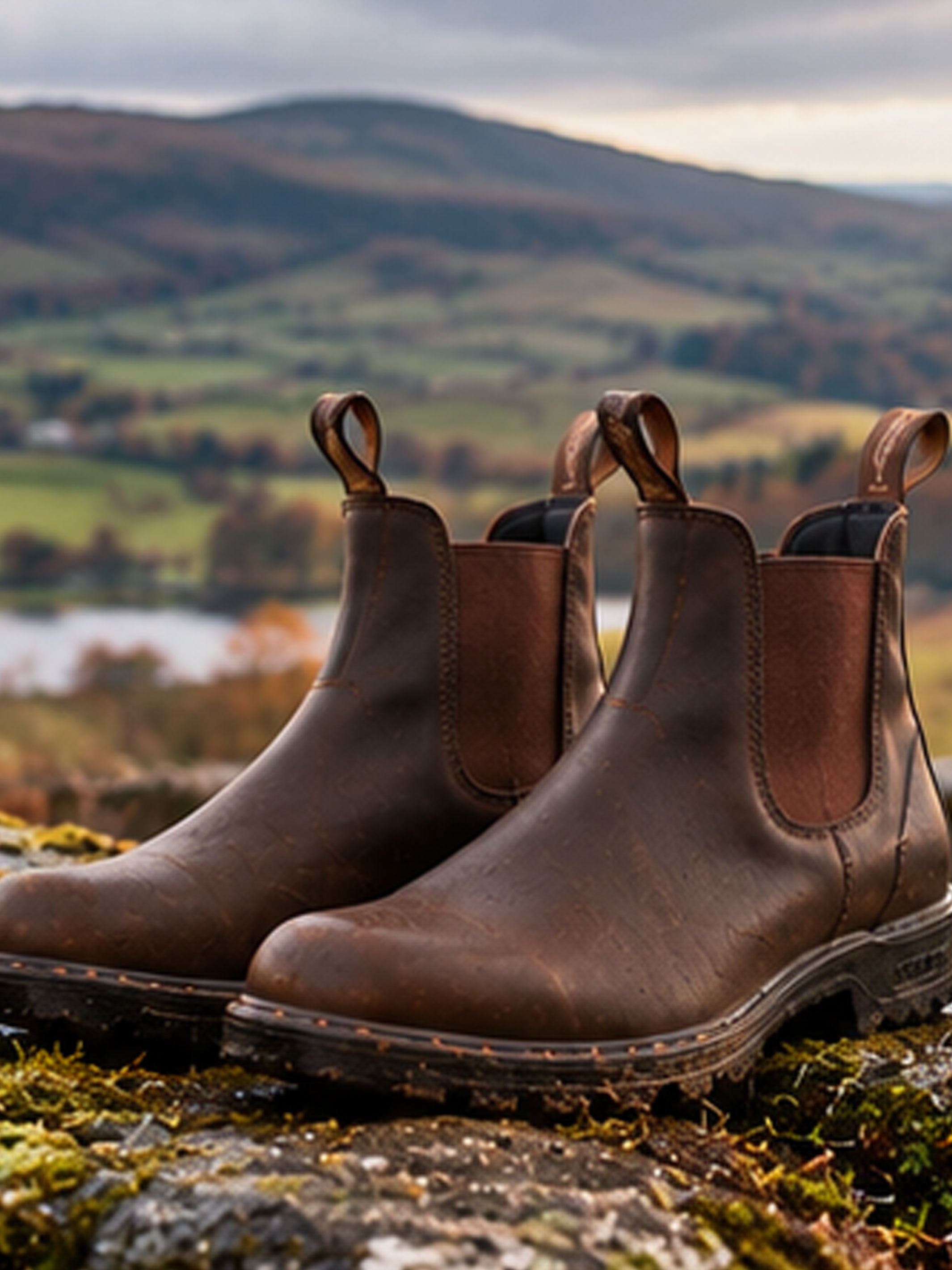 Brown leather Blundstone Chelsea boots on a mossy rock with countryside hills behind