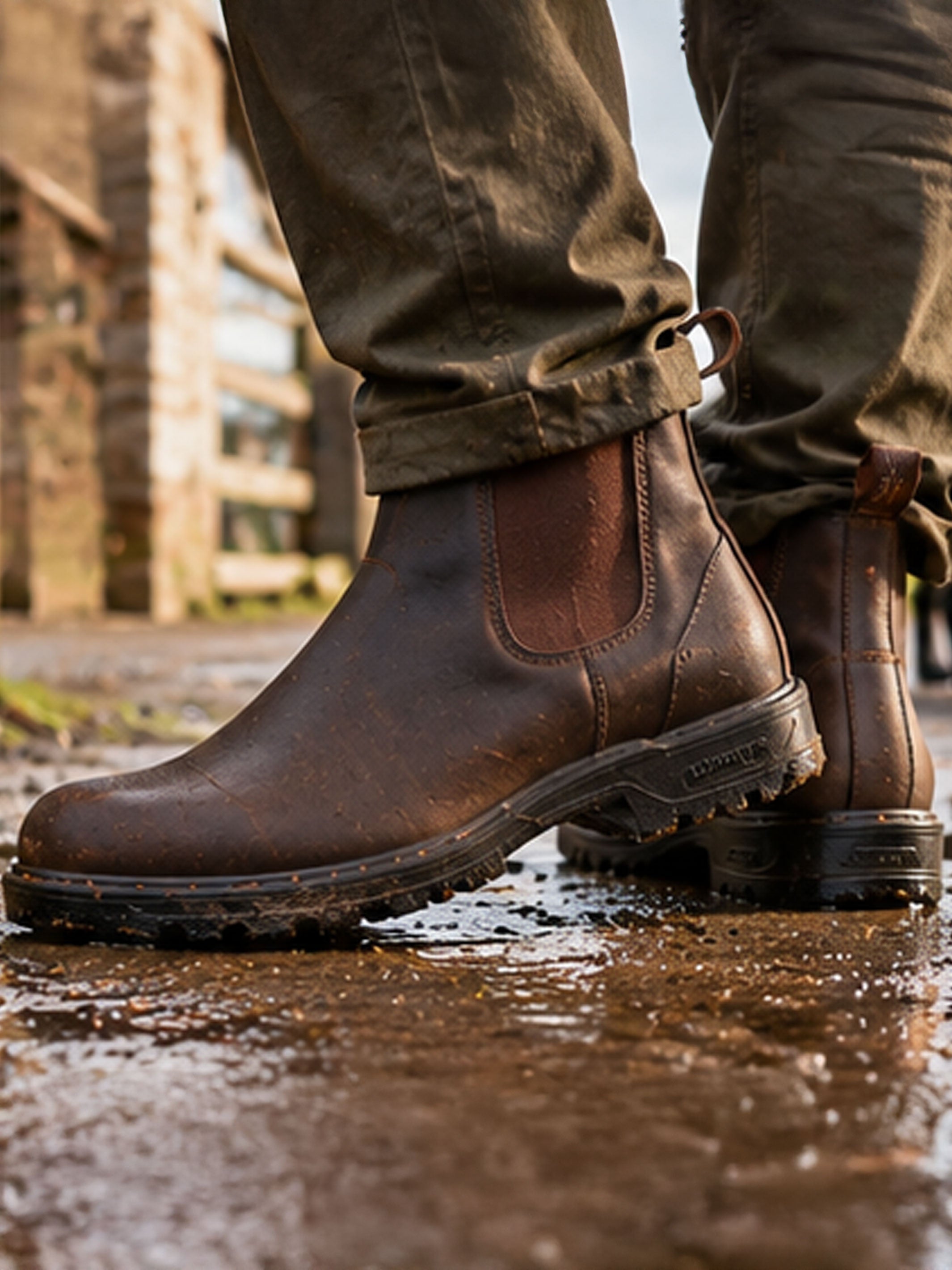 Brown Blundstone Chelsea boot worn with green trousers on a wet street