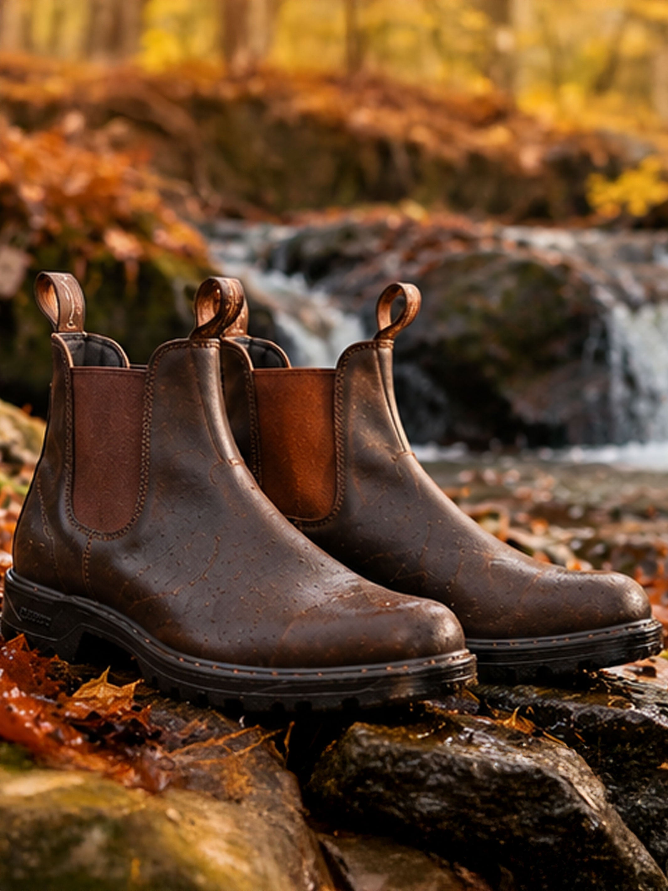 Pair of brown Blundstone Chelsea boots on rocks beside an autumn woodland stream