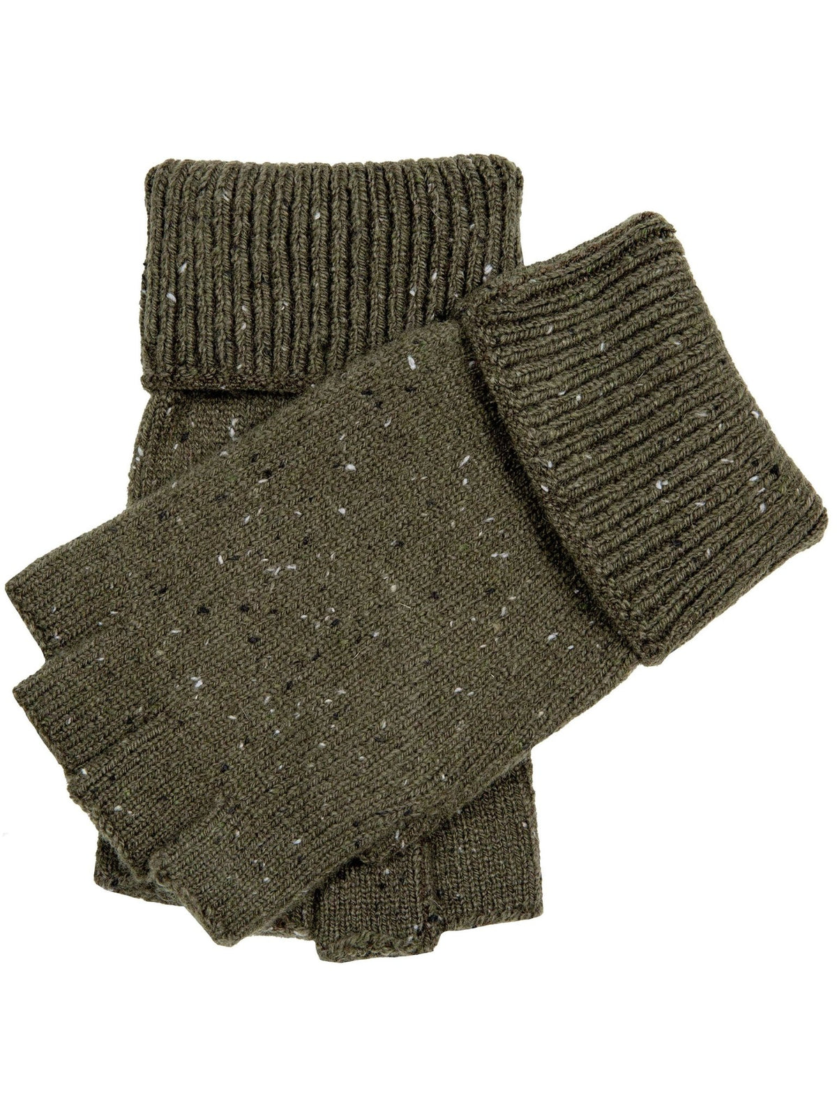 Dents men's olive marl fingerless knitted gloves with fold-over mitten cap, pair on white background