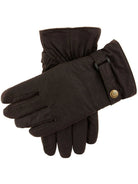 Dents men's brown waxed cotton fleece lined gloves with strap, on white background