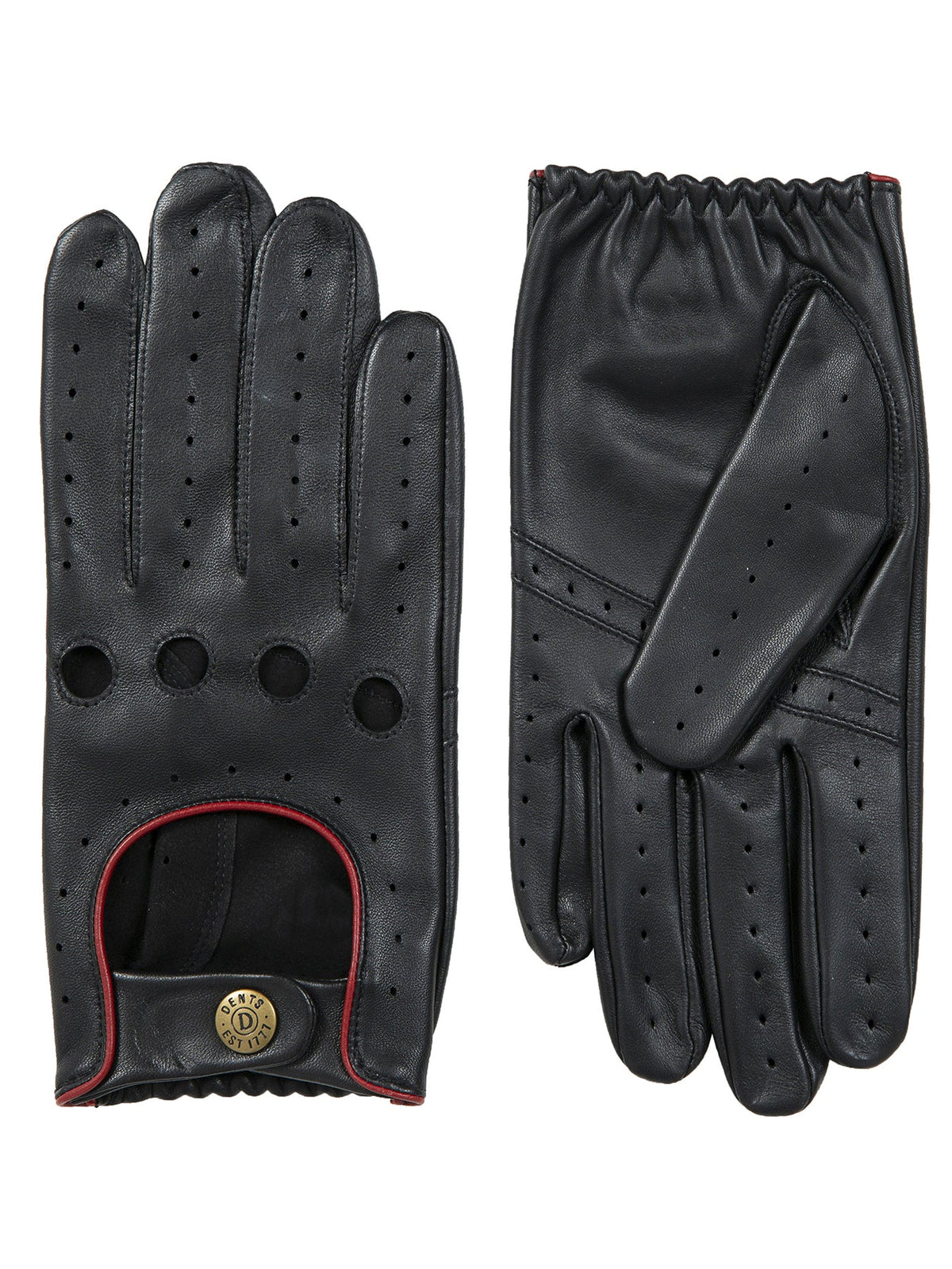Dents Delta men's black hairsheep leather driving gloves, pair showing palm and back on white background