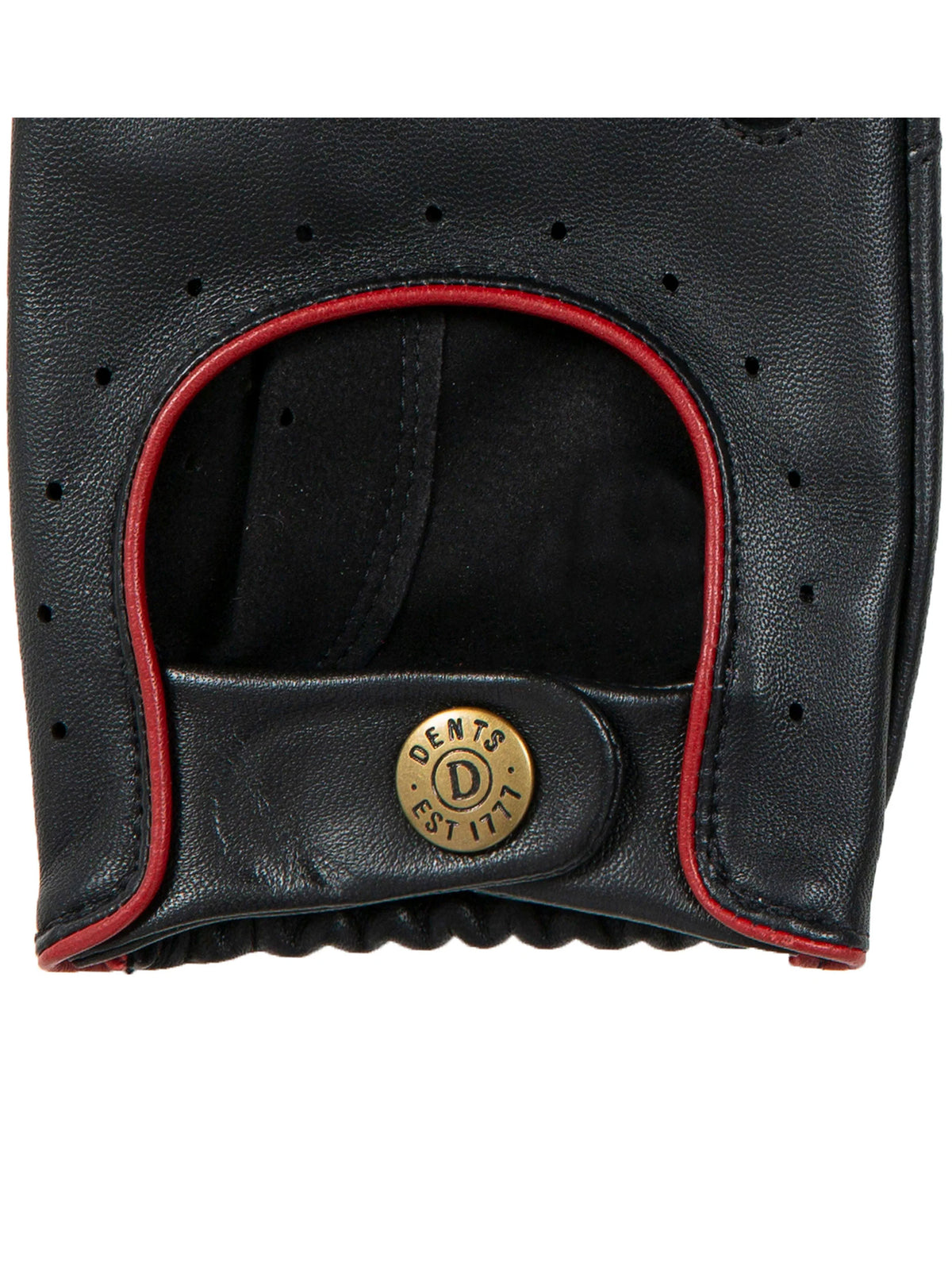 Dents Delta black leather driving glove, back of hand with perforated holes, berry red trim and gold snap