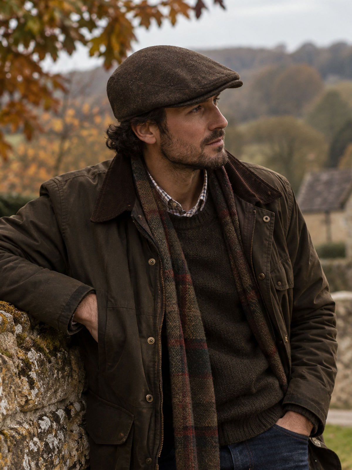 Dents Grafham men's chocolate brown micro-herringbone tweed flat cap, worn with waxed jacket and tartan scarf outdoors in autumn