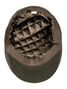 Dents Grafham men's forest green tweed flat cap, underside showing quilted satin lining
