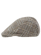 Dents men's glen plaid check tweed flat cap in brown, side view showing the reinforced peak