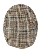 Dents brown glen plaid tweed flat cap, top view of the checked wool blend crown