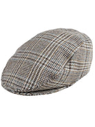Dents men's brown glen plaid check tweed flat cap, front three-quarter view