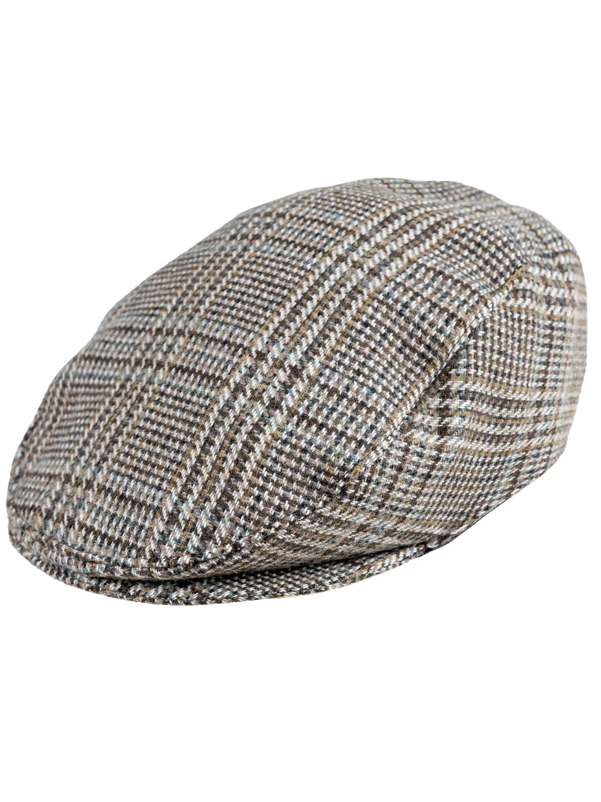 Dents men's brown glen plaid check tweed flat cap, front three-quarter view