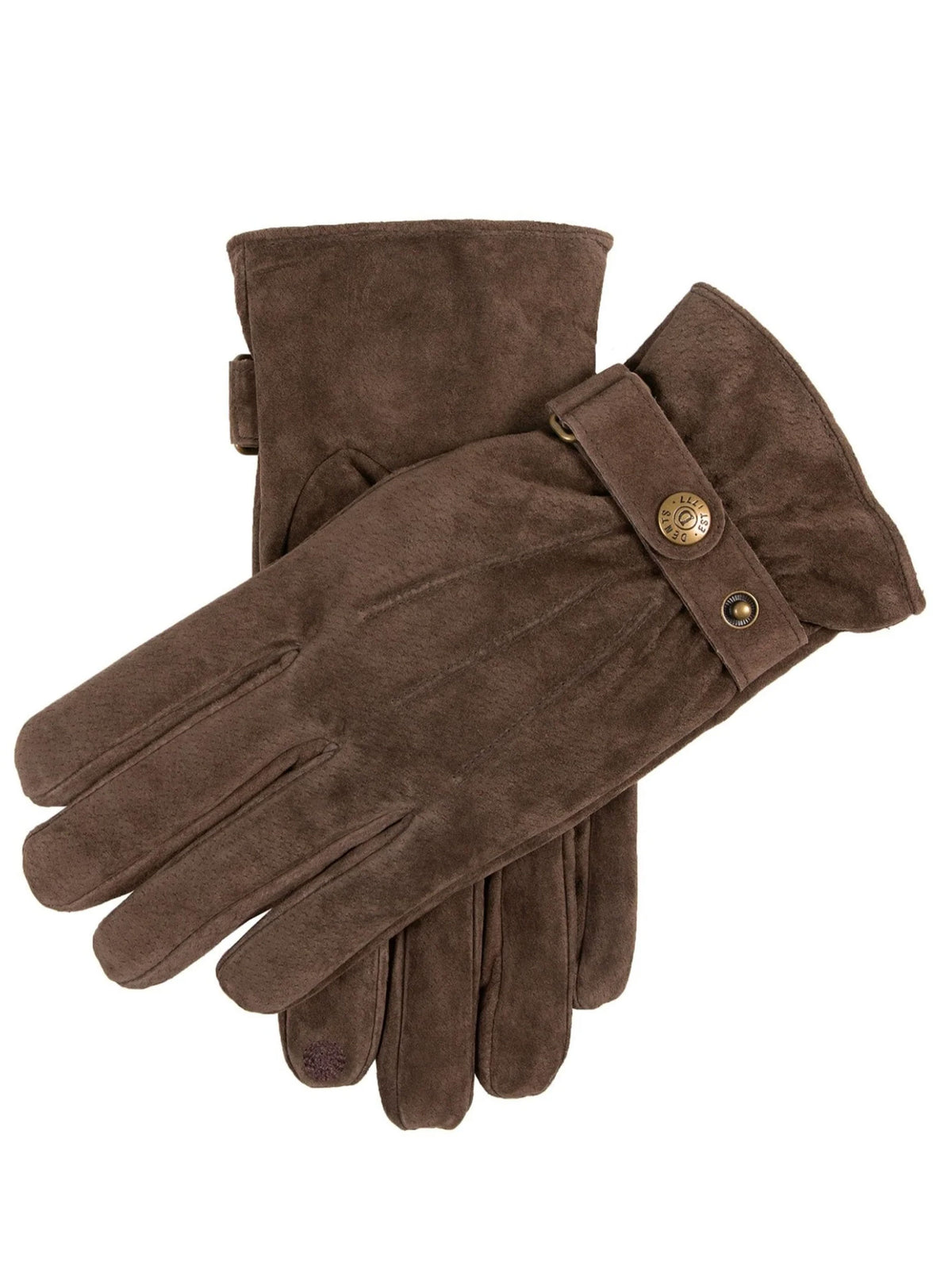 Dents men's brown water resistant suede gloves with fleece lining and button strap, on white background