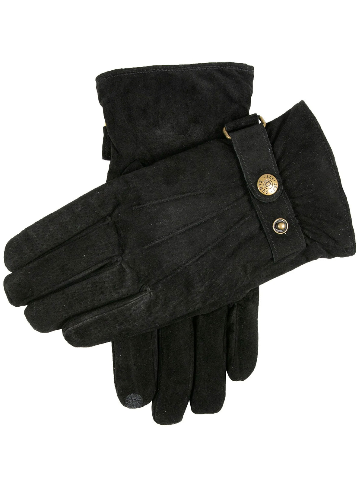 Dents men's black water resistant suede gloves with fleece lining and button strap, on white background