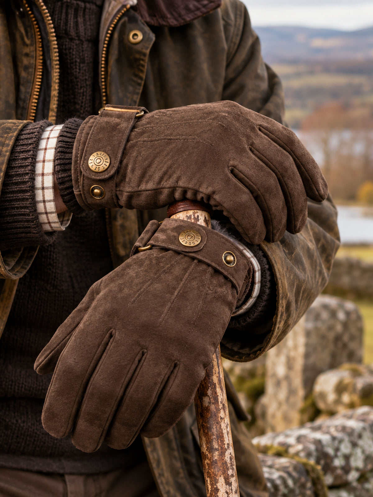 Dents men's brown touchscreen suede gloves, worn with waxed jacket and leaning on a walking stick