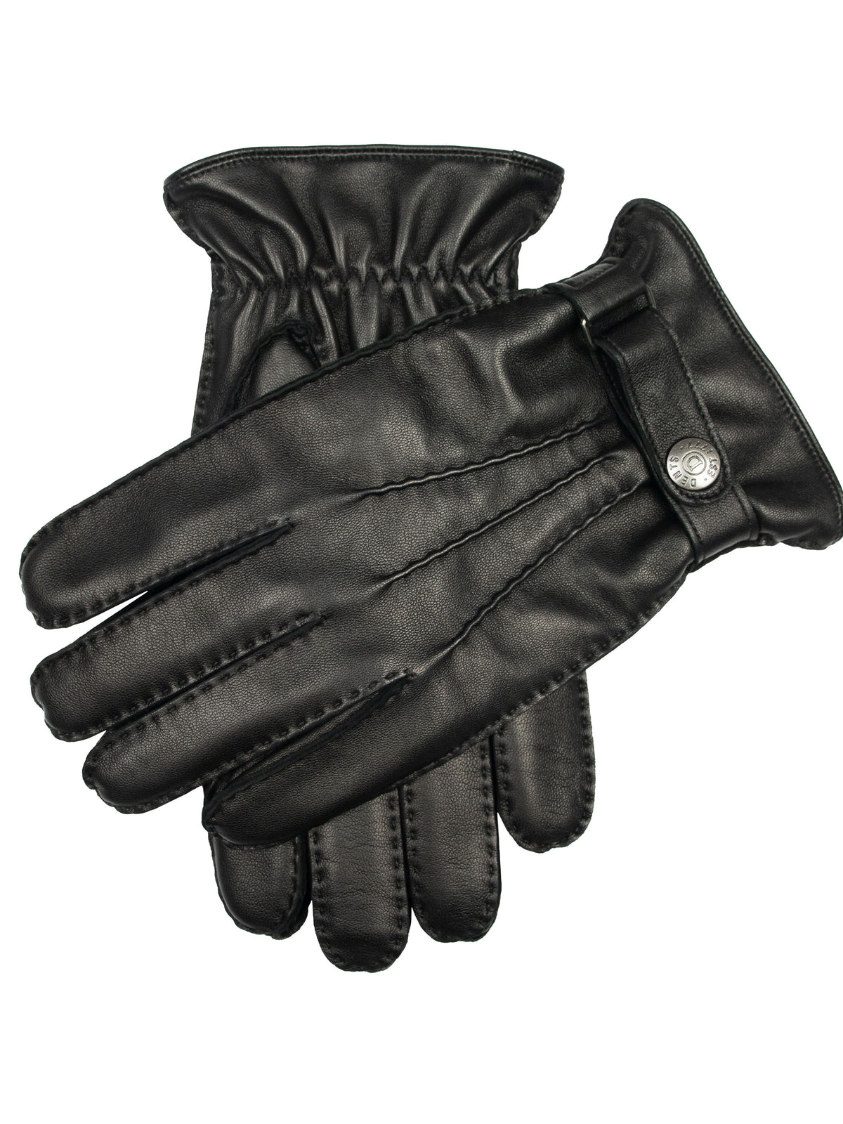 Dents Tetbury men's black handsewn leather gloves with gathered cuff and snap, on white background