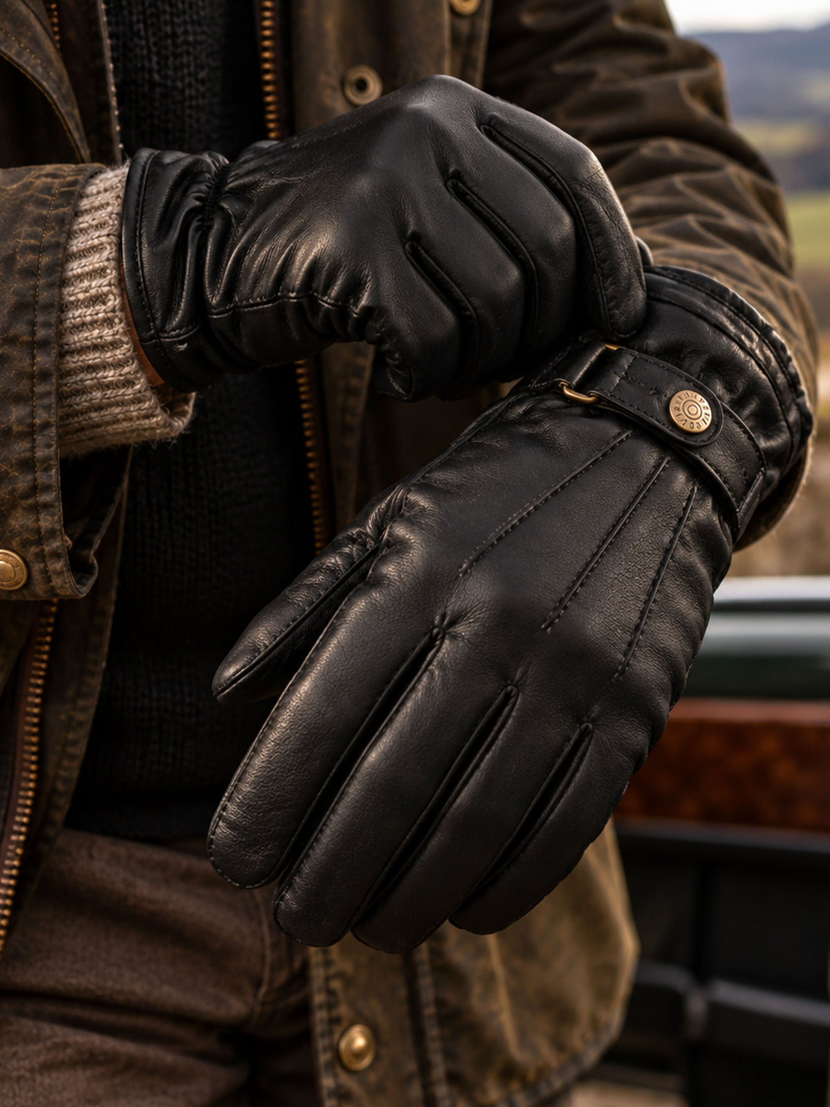 Dents Tetbury men's black handsewn leather gloves, worn with waxed jacket in the car