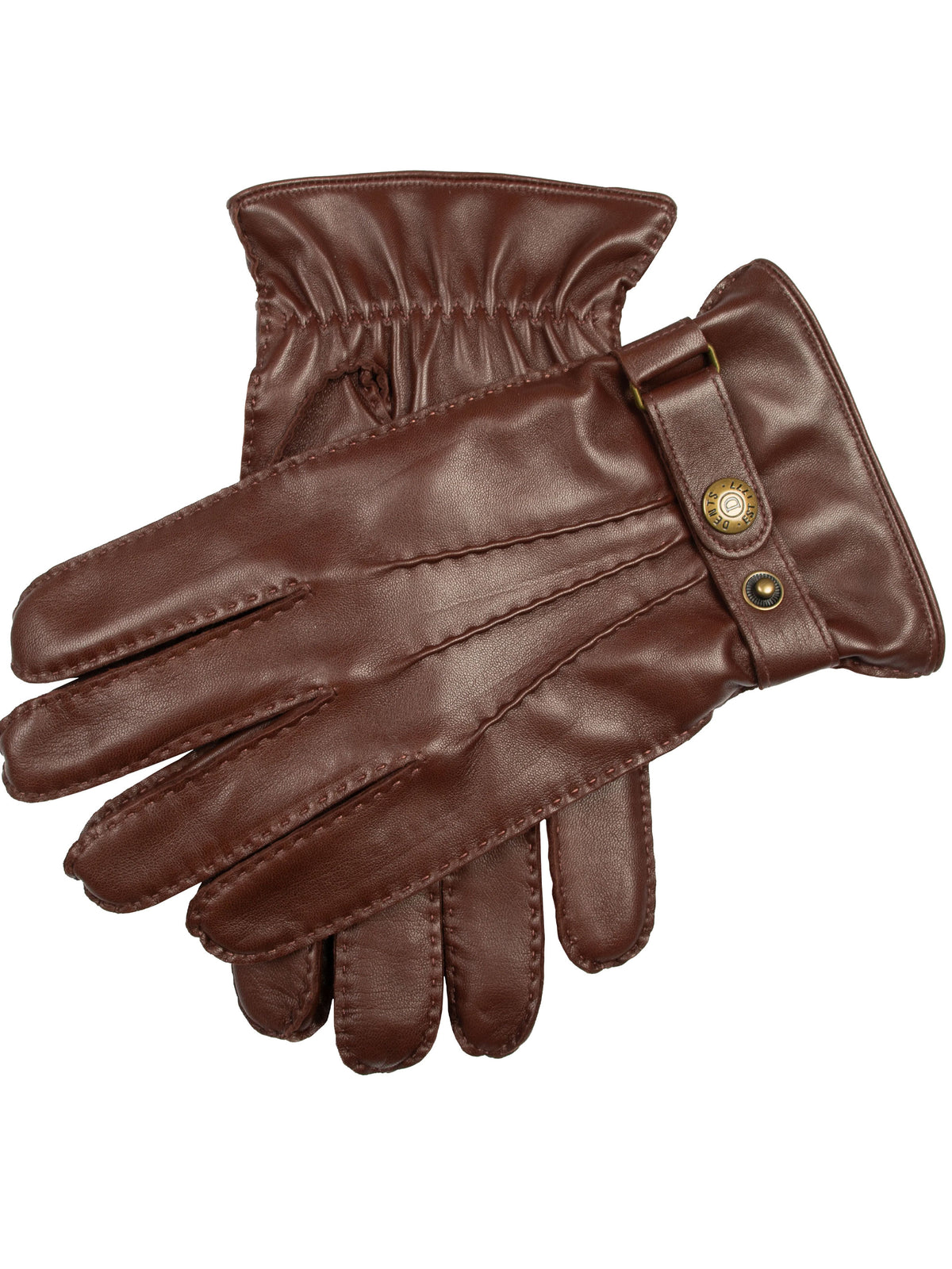 Dents Tetbury men's brown handsewn leather gloves with gathered cuff and snap, on white background