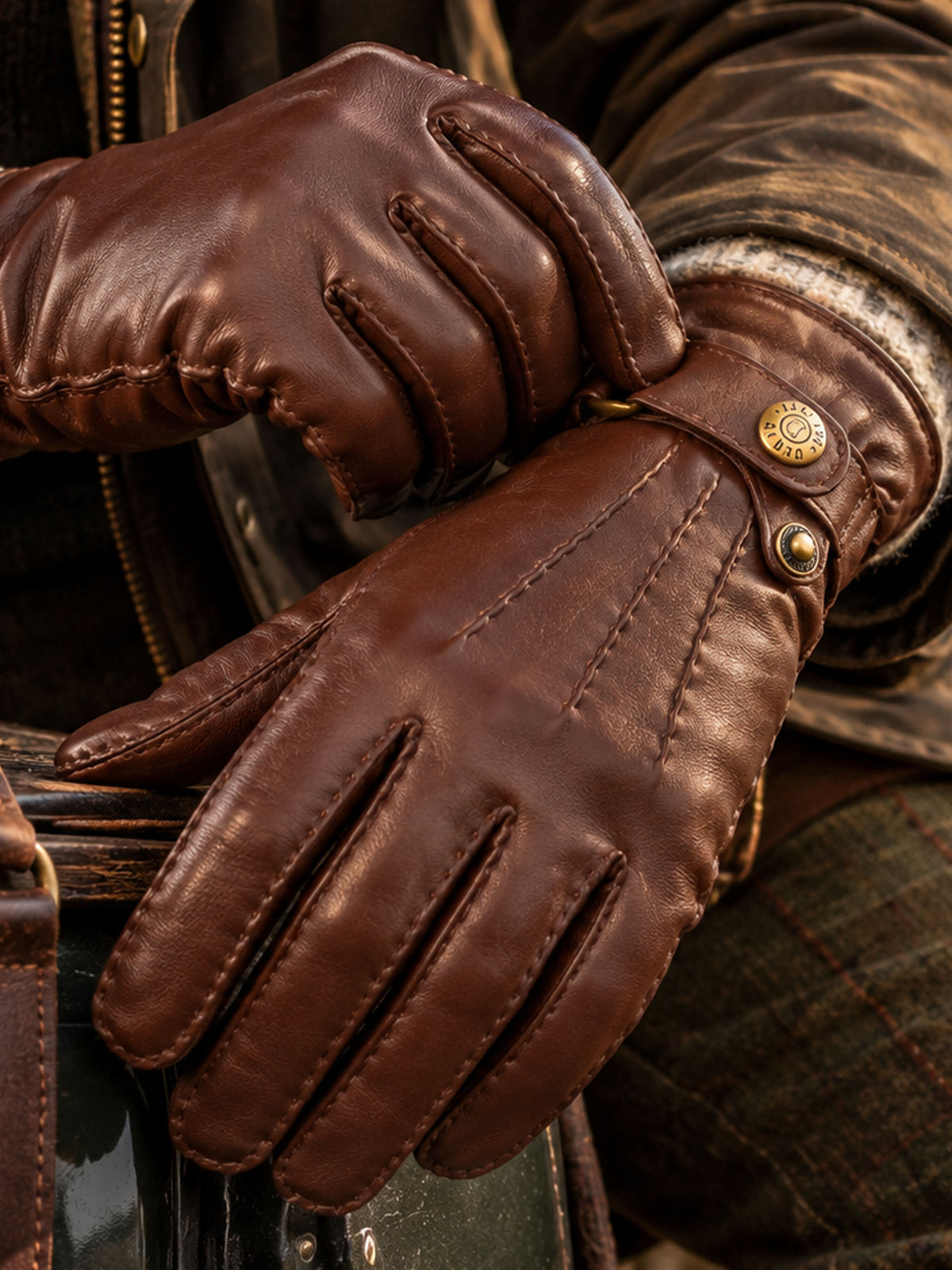 Dents Tetbury men's brown handsewn leather gloves, worn with waxed jacket