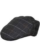 Dents Colliford men's charcoal windowpane check tweed flat cap, side view