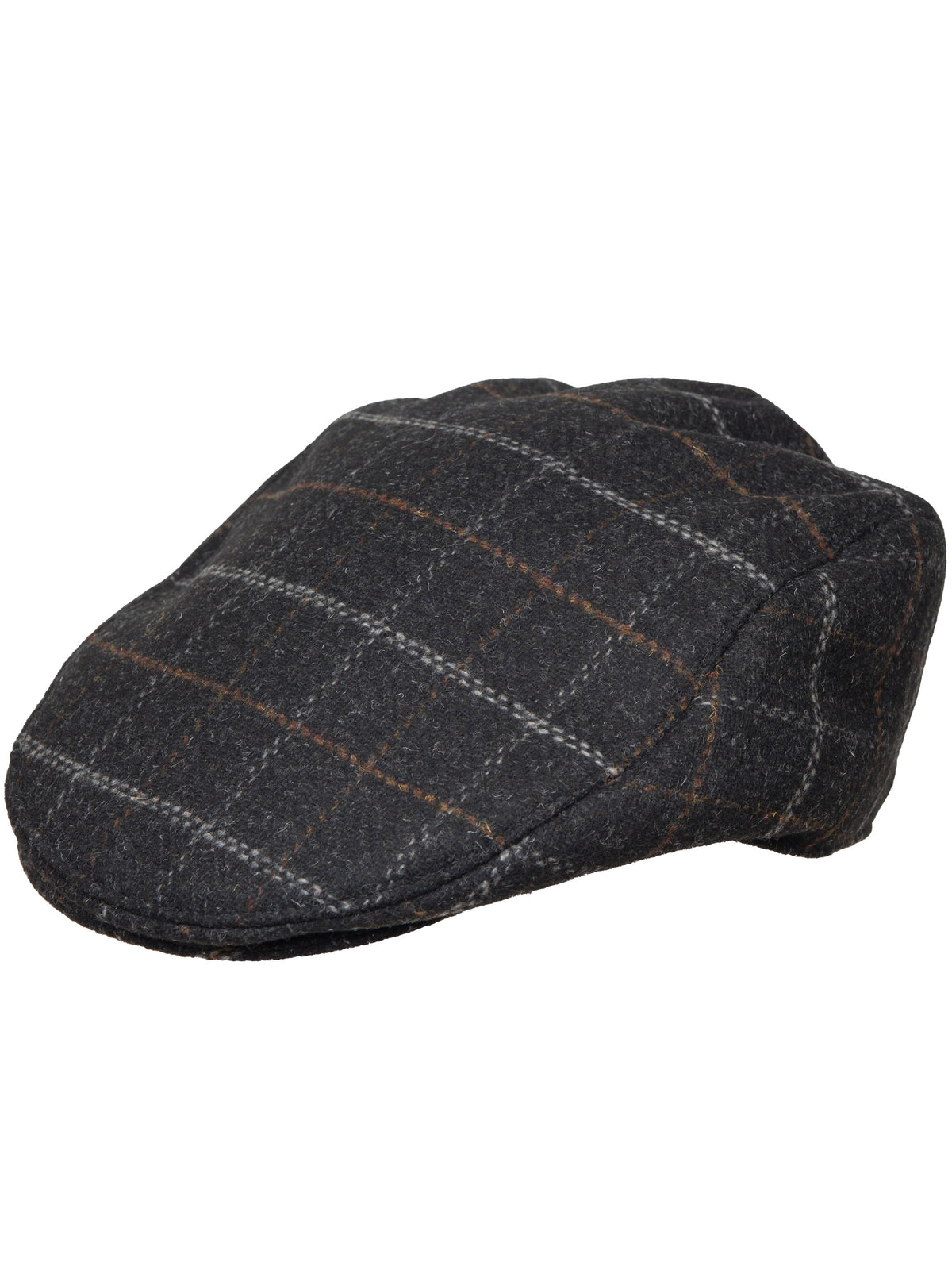 Dents Colliford men's charcoal windowpane check tweed flat cap, side view