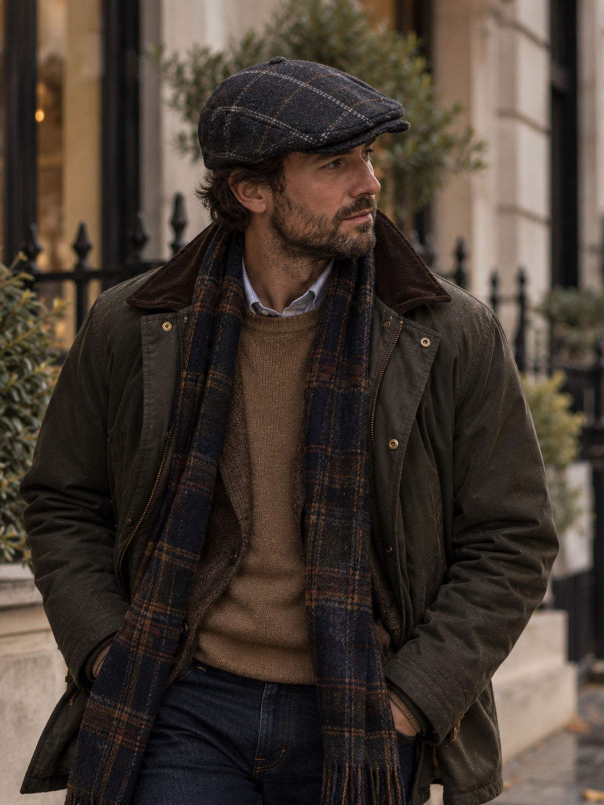 Dents Colliford men's charcoal windowpane check tweed flat cap, worn with dark coat, tartan scarf and tan jumper