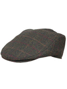 Dents Colliford men's olive windowpane check tweed flat cap, side view