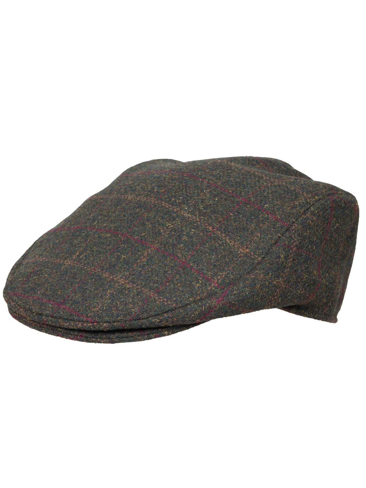 Dents Colliford men's olive windowpane check tweed flat cap, side view