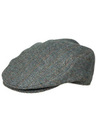 Dents Thirlmere men's olive herringbone tweed flat cap, side view