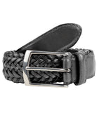 Dents men's black plaited woven leather belt with nickel buckle, coiled on white background